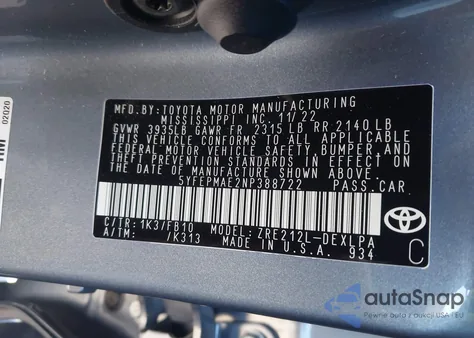 2022 Toyota Corolla Le z USA, uszkodzony, nr VIN 5YFEPMAE2NP388722